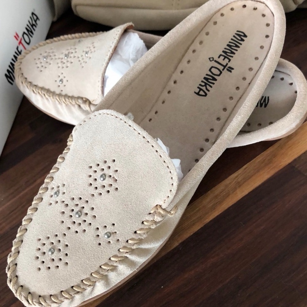 Minnetonka Beige Suede Moccasins with stud Detail